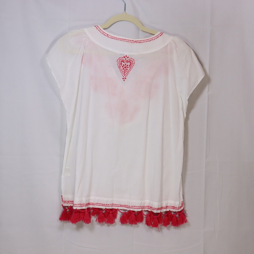 Subtle Luxury Embroidered Tassel Top S/M White Womens Boho V-Neck Blouse - Picture 2 of 5